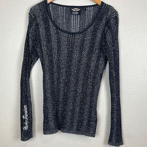 Harley Davidson Sweater Women’s Large Metallic Silver Black Ribbed Knit